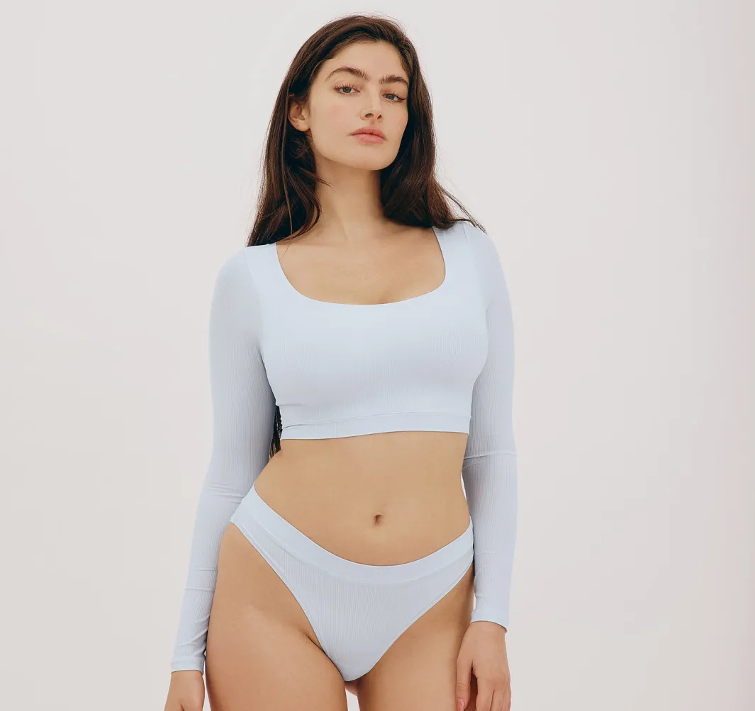 Outlet Organic Basics Algae Life Naked Rib Crop Scoop Neck Long Sleeve Top AlgaeBlue