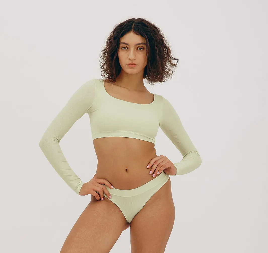 Fashion Organic Basics Algae Life Naked Rib Crop Scoop Neck Long Sleeve Top AlgaeGreen