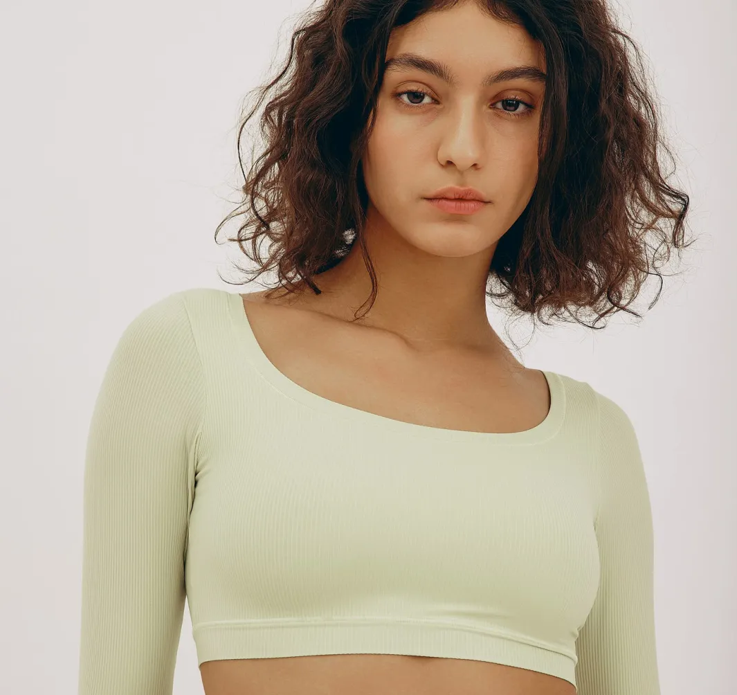 Fashion Organic Basics Algae Life Naked Rib Crop Scoop Neck Long Sleeve Top AlgaeGreen
