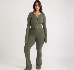 Cheap Organic Basics Soft Knit Rib High-Rise Flare Pants Thyme