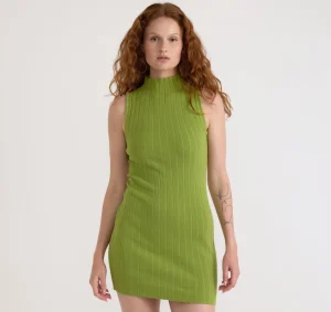 New Organic Basics Soft Knit Rib Mock Neck Dress MatchaGreen